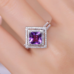 Princess Cut Amethyst Double Square Diamond Halo Ring