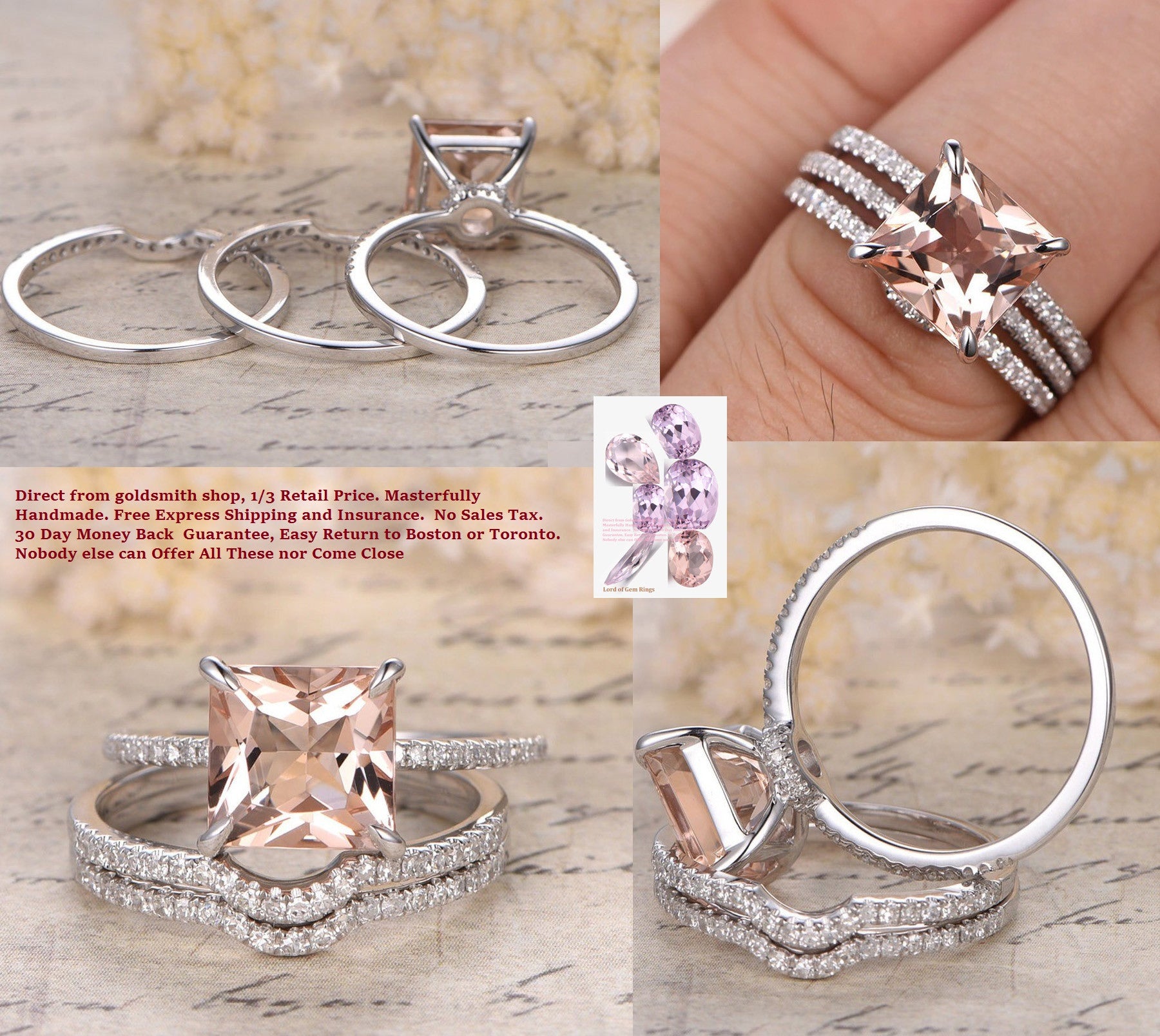 Princess Morganite Engagement Ring 3 Bridal Set Pave Diamond Wedding 14K White Gold 8mm - Lord of Gem Rings - 1