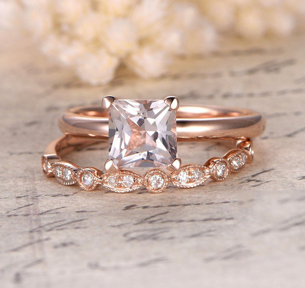 Princess Morganite Solitaire Ring Art Deco Diamond Bridal Set