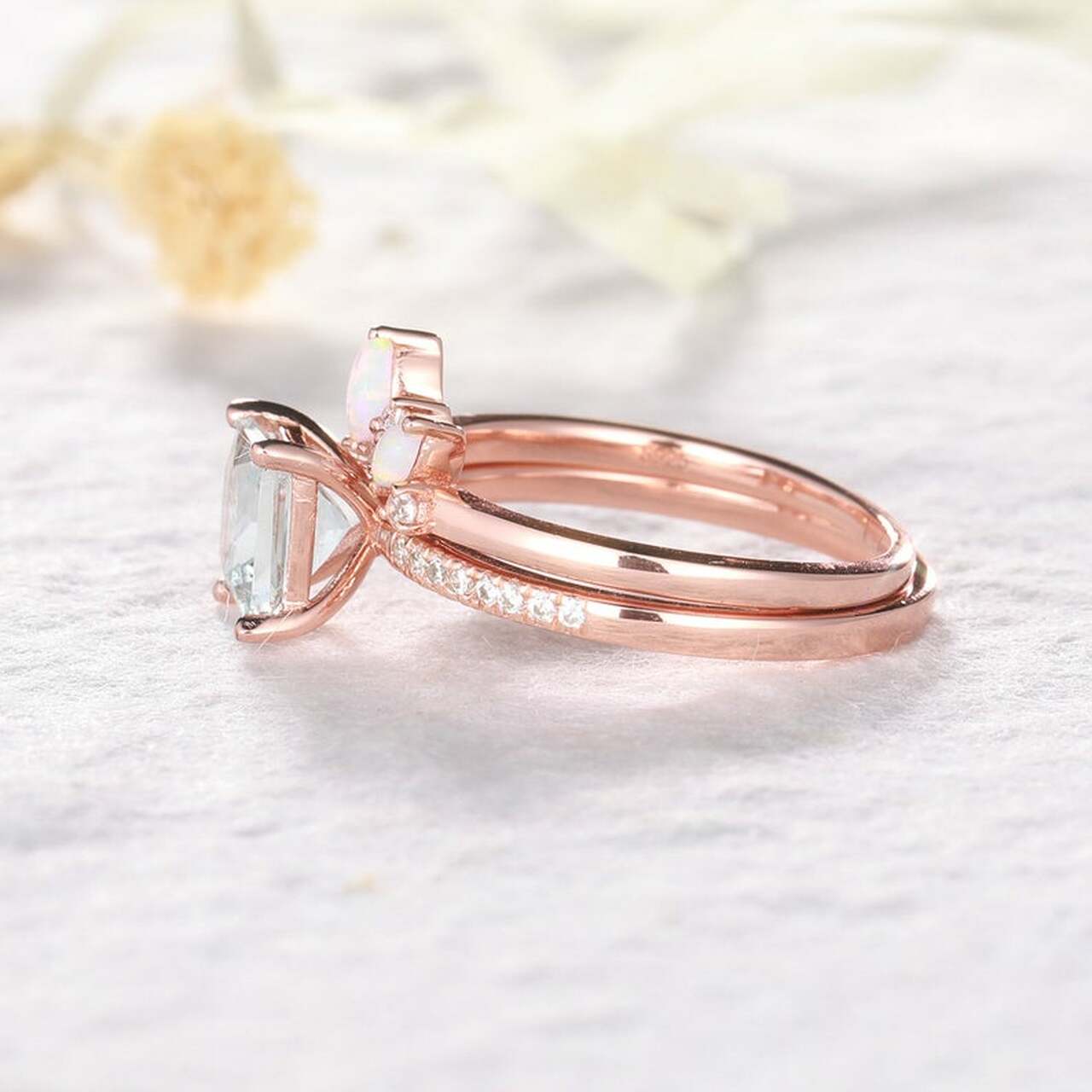 Princess cut Moss Agate Opal Diamond Tiara Bridal Ring Set