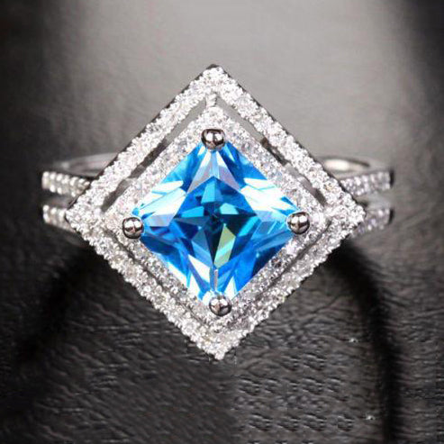 Princess Blue Topaz Diamond Double Halo Split Shank Square Ring
