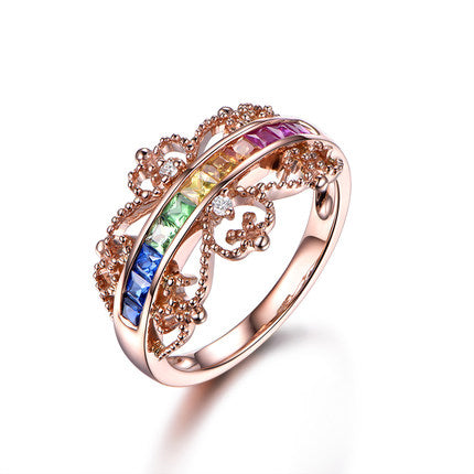 Rainbow Ruby Sapphire Tsavorite Crown Birthstone Ring 18k Rose Gold