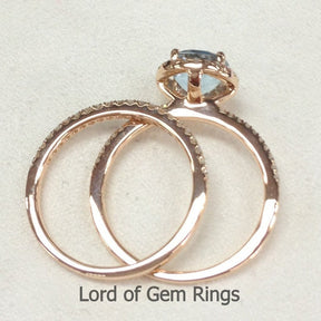 Round Aquamarine Halo Ring Pave Diamond Accents Bridal Set
