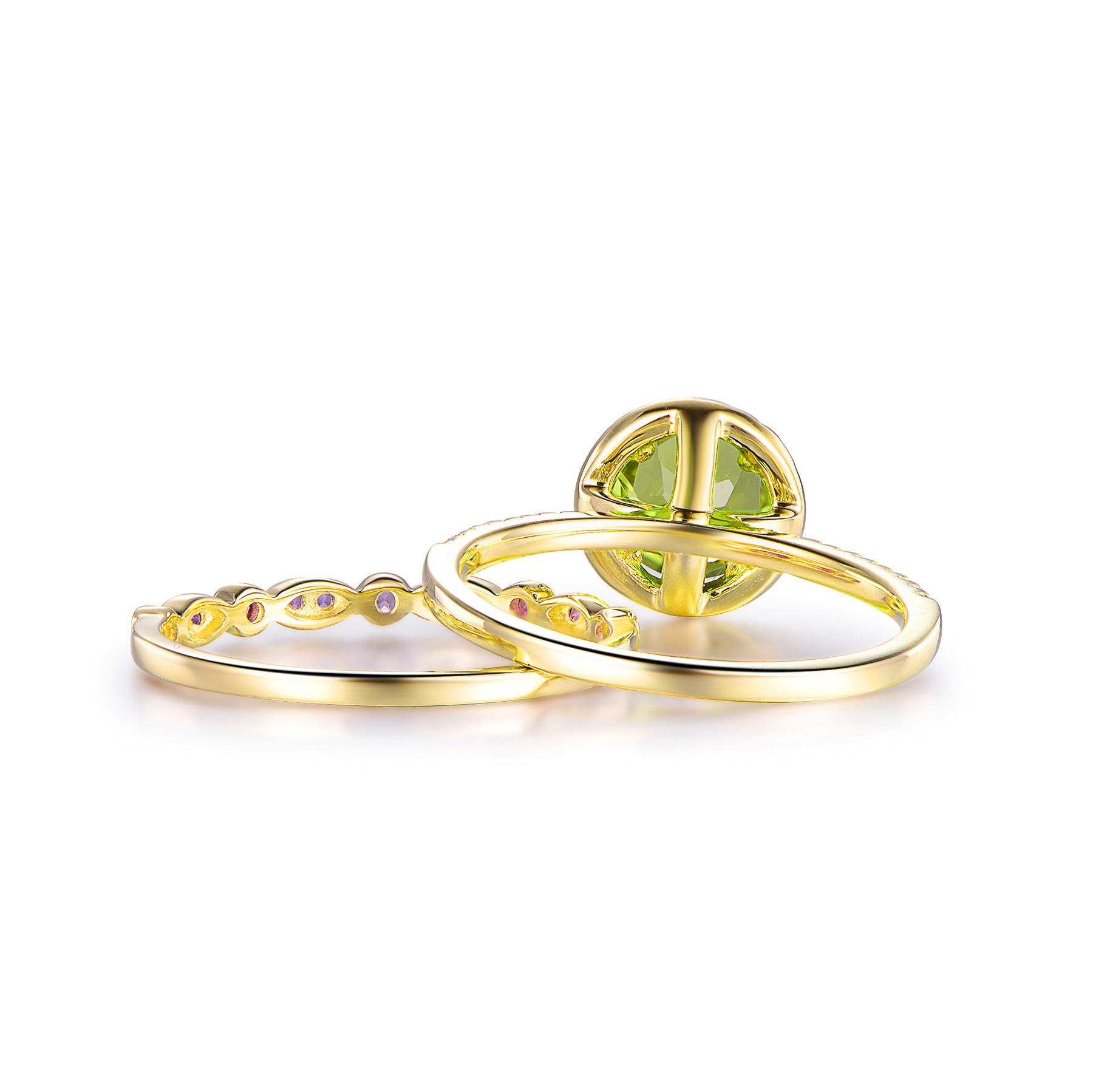 Round Peridot Ring Amethyst Wedding Band Bridal Set 14K Gold