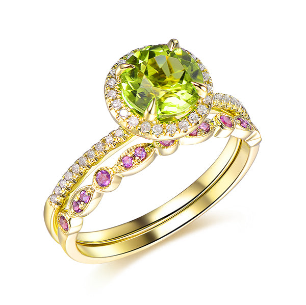 Round Peridot Ring Amethyst Wedding Band Bridal Set 14K Gold