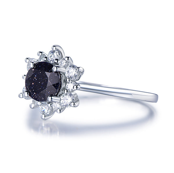Round Blue Sandstone Floral Diamond Halo Engagement Ring 14K White Gold
