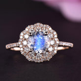 Round Moonstone Double Diamond Halo Ring in Rose Gold