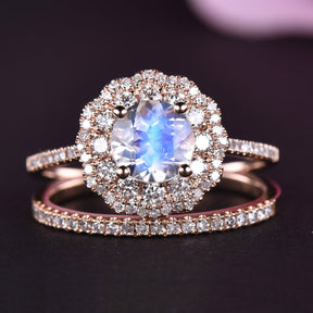 Round Moonstone Ring Diamond Double Halo Bridal Set