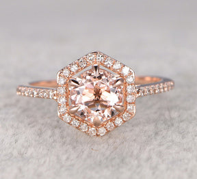 Reserved for AAA Semi Mount Cathedral Ring Diamond Hexagon Halo 14K Rose Gold 8mm Round