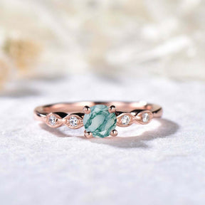Round Natural Moss Agate Diamond Ring Rose Gold