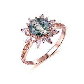 Round Natural Moss Agate Ring Marquise Moissanite Halo 14K Rose Gold
