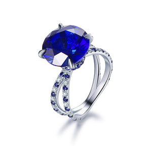 Round Lab Blue Sapphire Ring Hidden Halo 14k White Gold