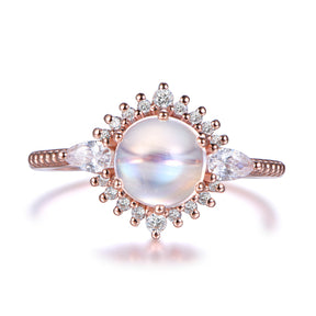 Prong-Set Round Moonstone Floral Halo Pear Diamond Accents Ring