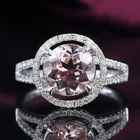 Round Morganite Engagement Ring Diamond Halo Split Shank 14K White Gold