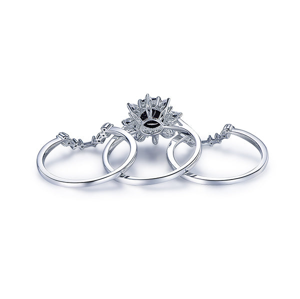 Round Blue Sandstone Moissanite Halo Engagement Ring Bridal Set 14K White Gold