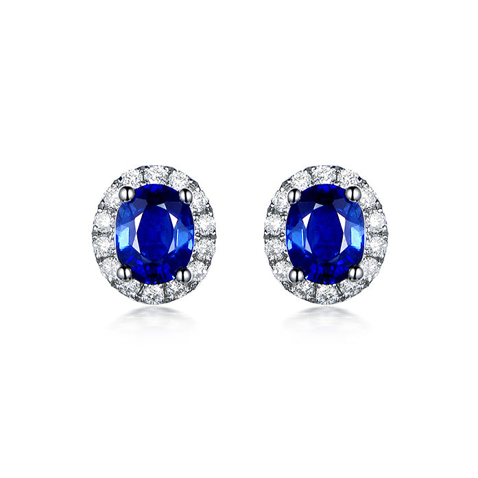 Sapphire Diamond Halo Stud Earrings 18K White Gold