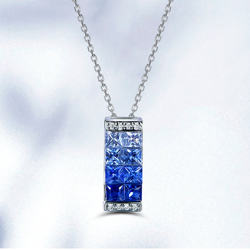 Princess Sapphire Diamond Pendant 18k White Gold
