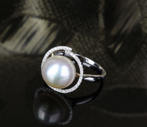 Unique Halo 11mm South Sea Pearls 14K White Gold .35ct Diamonds Engagement Ring - Lord of Gem Rings - 11
