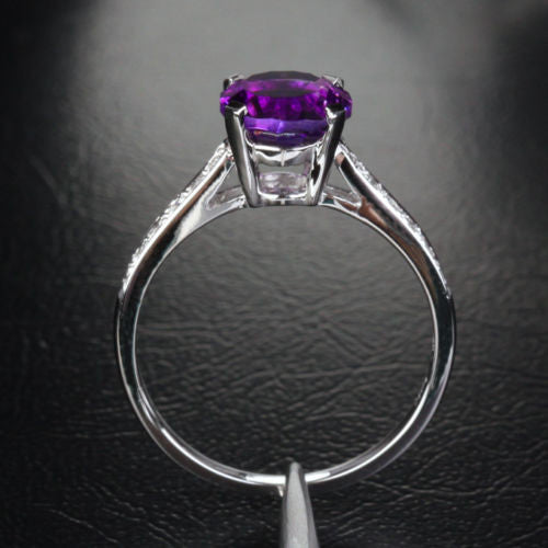 Round Amethyst Engagement Ring Pave Diamond Wedding 14K White Gold 7.3mm Cocktail - Lord of Gem Rings - 4