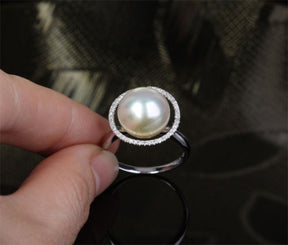 Unique Halo 11mm South Sea Pearls 14K White Gold .35ct Diamonds Engagement Ring - Lord of Gem Rings - 4
