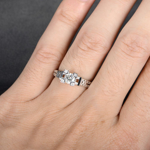 Round Moissanite Engagement Ring Diamond 18K White Gold Art Deco Filigree Hand Engraved - Lord of Gem Rings - 5