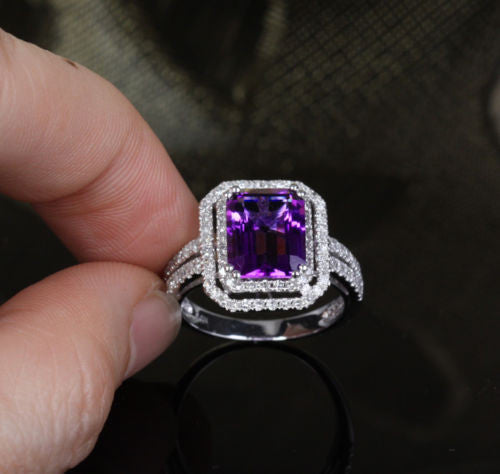 Reserved for will Emerald Cut Amethyst Engagement Ring Pave Diamond Wedding 14k White Gold - Lord of Gem Rings - 7