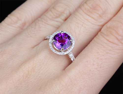 Round AMETHYST ENGAGEMENT RING Pave DIAMOND Wedding 14K WHITE GOLD 8mm - Lord of Gem Rings - 8