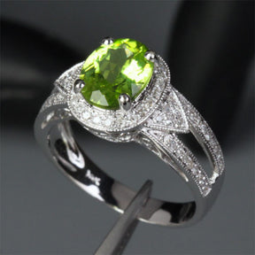 Oval Peridot Engagement Ring Pave Diamond Wedding 14K White Gold 7x9mm Milgrain - Lord of Gem Rings - 2