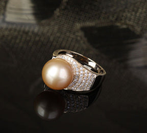 Unique Pave 10.8mm South Sea Pearl Solid 14K Yellow Gold .35ct Diamond Ring 4.4g - Lord of Gem Rings - 3