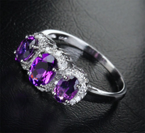 Oval Purple Amethyst Engagement Ring Pave Diamond Wedding 14k White Gold 5x7mm - 3 Stones - Lord of Gem Rings - 3