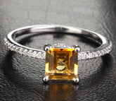 Princess Citrine Engagement Ring Pave Diamond Wedding 14K White Gold 6x6mm - Lord of Gem Rings - 1