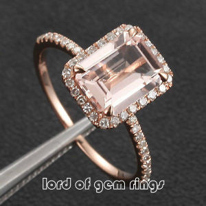 Reserved for  oneionegemm Emerald Cut Morganite Engagement Ring Pave Diamond 14K Rose Gold - Lord of Gem Rings - 2