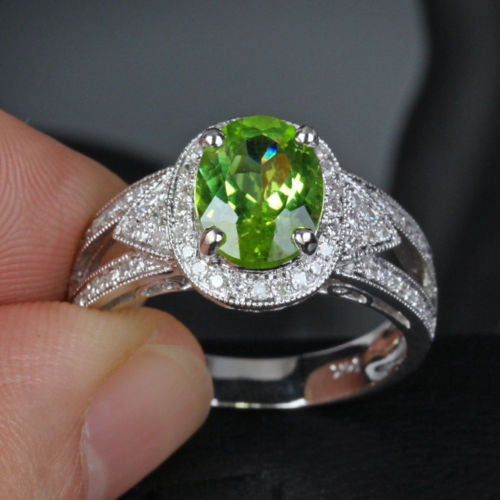 Oval Peridot Engagement Ring Pave Diamond Wedding 14K White Gold 7x9mm Milgrain - Lord of Gem Rings - 3