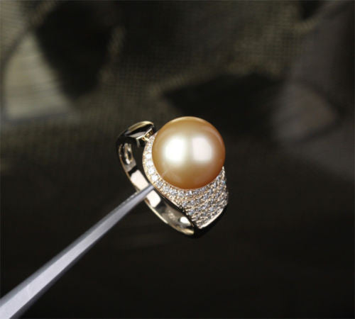 Unique Pave 10.8mm South Sea Pearl Solid 14K Yellow Gold .35ct Diamond Ring 4.4g - Lord of Gem Rings - 7