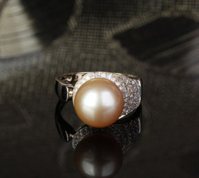 Unique Pave 10.8mm South Sea Pearl Solid 14K Yellow Gold .35ct Diamond Ring 4.4g - Lord of Gem Rings - 2