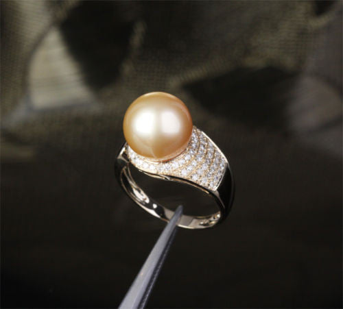 Unique Pave 10.8mm South Sea Pearl Solid 14K Yellow Gold .35ct Diamond Ring 4.4g - Lord of Gem Rings - 4