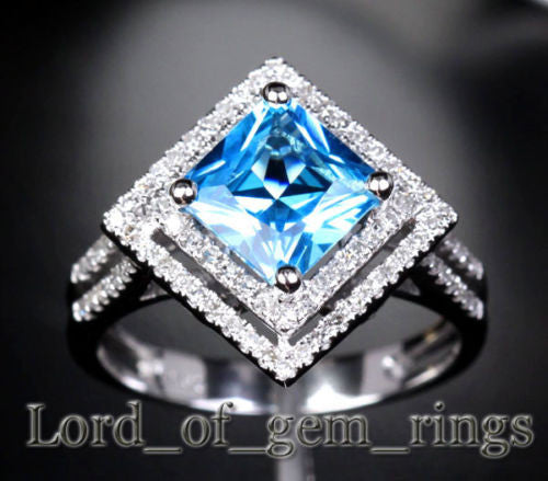 PRINCESS BLUE TOPAZ Engagemnt RING Pave DIAMOND Wedding 14K WHITE GOLD 7.5mm Double Halo - Lord of Gem Rings - 2