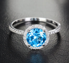Round Blue Topaz Engagement Ring Pave Diamond Wedding 14k White Gold 7mm - Lord of Gem Rings - 2
