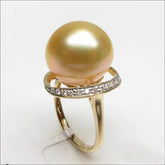Unique Design 11mm South Sea Pearl 14K Yellow Gold Pave H/SI Diamond Ring Size 6 - Lord of Gem Rings - 1