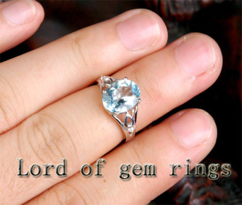 Oval Aquamarine Engagement Ring Diamond Wedding 14K White Gold 8x10mm Unique - Lord of Gem Rings - 4