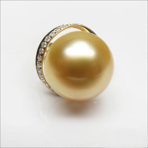 Unique Design 11mm South Sea Pearl 14K Yellow Gold Pave H/SI Diamond Ring Size 6 - Lord of Gem Rings - 2
