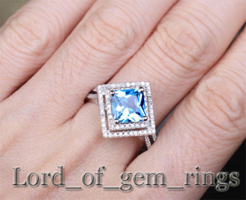 PRINCESS BLUE TOPAZ Engagemnt RING Pave DIAMOND Wedding 14K WHITE GOLD 7.5mm Double Halo - Lord of Gem Rings - 5