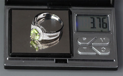 Oval Peridot Engagement Ring Pave Diamond Wedding 14K White Gold 7x9mm Milgrain - Lord of Gem Rings - 5