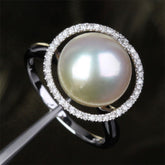 Unique Halo 11mm South Sea Pearls 14K White Gold .35ct Diamonds Engagement Ring - Lord of Gem Rings - 1