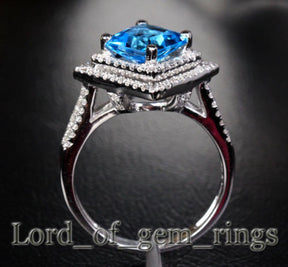 PRINCESS BLUE TOPAZ Engagemnt RING Pave DIAMOND Wedding 14K WHITE GOLD 7.5mm Double Halo - Lord of Gem Rings - 4