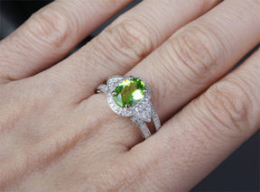 Oval Peridot Engagement Ring Pave Diamond Wedding 14K White Gold 7x9mm Milgrain - Lord of Gem Rings - 6