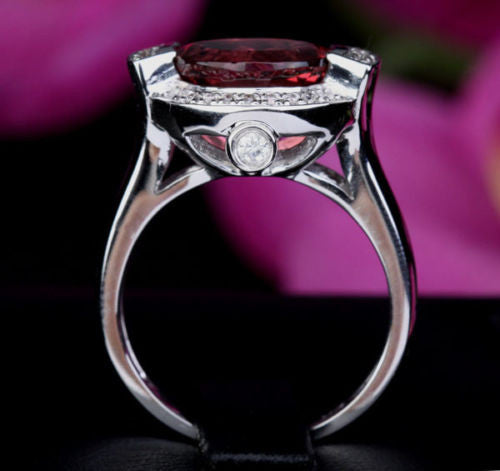 Oval Pink Tourmaline Engagement Ring Pave VS Diamond Wedding 10K White Gold Unique 3.08ct - Lord of Gem Rings - 4