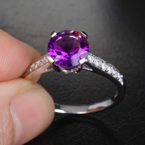 Round Amethyst Engagement Ring Pave Diamond Wedding 14K White Gold 7.3mm Cocktail - Lord of Gem Rings - 5