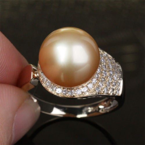 Unique Pave 10.8mm South Sea Pearl Solid 14K Yellow Gold .35ct Diamond Ring 4.4g - Lord of Gem Rings - 1