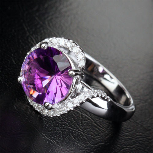 Round Amethyst Engagement Ring Pave Diamond Wedding 14k White Gold 10mm - Lord of Gem Rings - 3